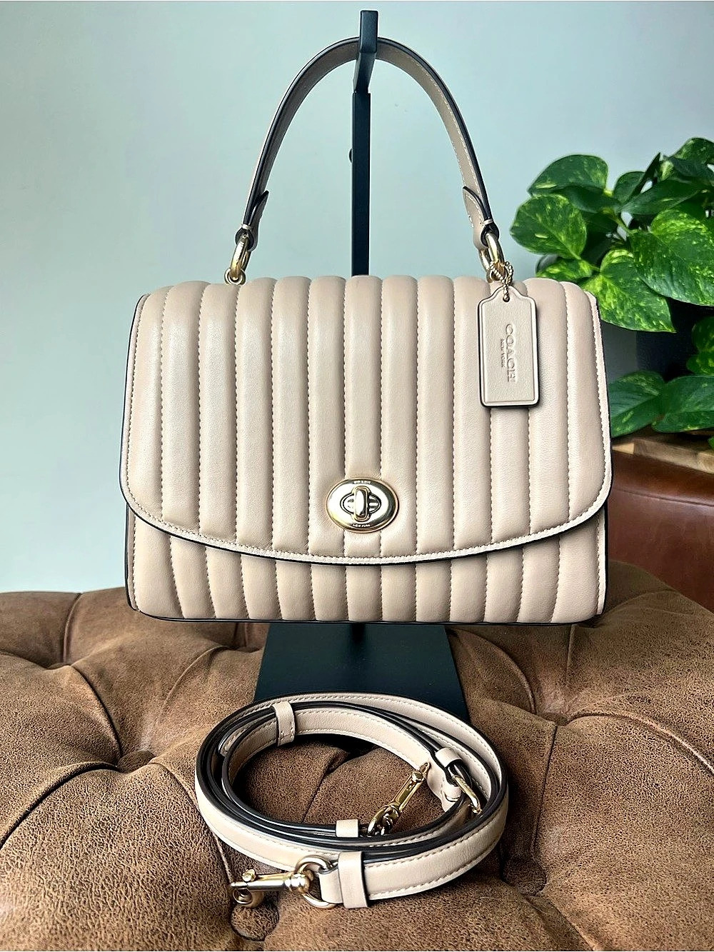 Coach Tilly Top Handle With Linear Quilting Bag in Taupe Color Style 2562 Like N